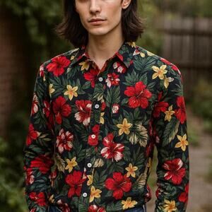 NWOT TUNEVUSE Hawaiian Floral Button Down Shirt Mens Small- Tropical Hibiscus